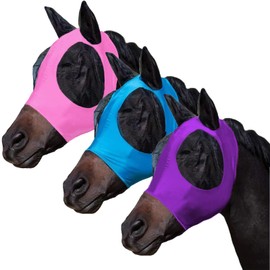 FOXLVDA 3 Pcs Horse Fly Mask with Ears, Breathable Elastic Fabric for Sun Protection for Medium/Large Size Adult Horses (Pink-Purple-Blue, Large)