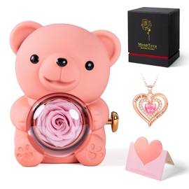 mountova Romantic Teddy Bear with Preserved Rose, Real Rose in Elegant Gift Box with Necklace for Women, Bear Roses Gifts for Valentine's Day,Weddings,Mother's Day,Anniversary,Birthday,Christmas, Pink