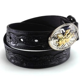 Nocona Boots Boys' 1-1/4" Tooled Bull Rider Floral Leather Western Belt Buckle, Black, 20