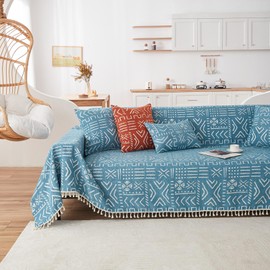 VClife Couch Cover Japanese Style Sofa Cover with Tassel, Soft Chenille Boho Couch Covers Sofa Covers Washable White Blue Furniture Cover for Living Room 71''x134''