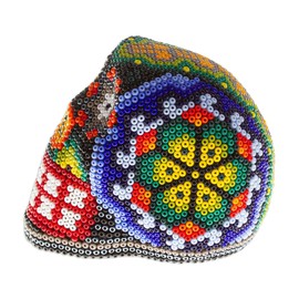 NOVICA Artisan Handmade Huichol Beaded Papier Mache Skull Figurine Multicolor Mexico Sculpture Folk Art Cultural Day of The Dead [2.4in H x 2.4in W x 2.8in D] 'Peyote Memories'