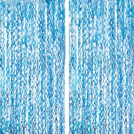 Maxqzin 2Pack Foil Fringe Curtains Tinsel Curtain Backdrop Wavy Blue Backdrop Curtain Wavy Foil Fringe Backdrop Curtain for Birthday Party Decor Ocean Party Decor Graduation Pool Beach Party Decor