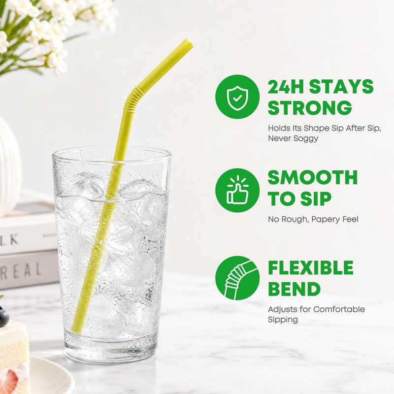 200PCS Biodegradable Sugarcane Straws-8.5" Bendy Disposable Drinking Straws