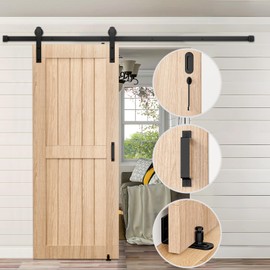 Signstek 6.6FT Sliding Barn Door Hardware Kit, Heavy Duty Whole Set (Includes Adjustable Floor Guide, 2 Handles and Dook Hook) -Smoothly and Quietly, Fit 36"-40" Wide Door Panel -Black, I Shape Hanger