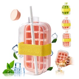 Ice Cube Bottle, 2 in 1 Iced Tray Cup, with Lid and Strap Easy Press to Release Vertical Cool Summer Ice Cube Tray for Freezer Portable and Waterproof Used as Water Cups (Pink, 800ml)