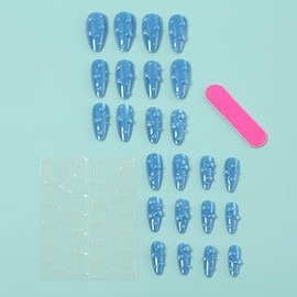 24Pcs 3D Press on Nails Medium Almond Fake Nails Glossy Blue Glue on Nails Cute False Nail Tips with Water Drop Designs Almond Shape Acrylic Press ons Full Cover Artificial Stick on Nails for Women