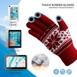 Winter Touch Screen Gloves Snow Flower Printing Keep Warm for Women and Men, Women Snow Red, 20CM