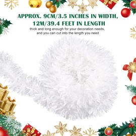 39.3 Feet/12M Tinsel Wire Christmas Garland Decoration, Shiny Gold Metallic Hanging Twist Garland for Christmas Tree Festival Home Decorations DIY Crafts (White)