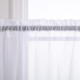 White Short Sheer Curtains 36 Inch Length for Kitchen Door 2 Panel Set Rod Pocket Cafe Curtains Linen Look Semi Sheer Tier Curtains for Small Window Bathroom Basement Kids Farmhouse Decor 30x36 Long