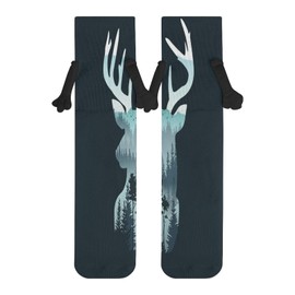 Xmkltbz 1 Pair Soft Socks Black Holding Hands, Compression Knee High Stockings Long Athletic Circulation 16x3.9 in Print Reindeer Deer Head on Landscape with Trees and Mountains on Dark