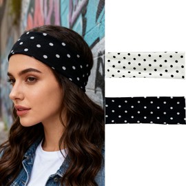 LYLYNB 2 Pack Black White Headband Set, Polka Dot Elastic Headbands Cute Hair Accessories Non Slip Fashion Head Bands Retro Design Head Wraps Soft Wide Headband for Women Hair Styling Supplies