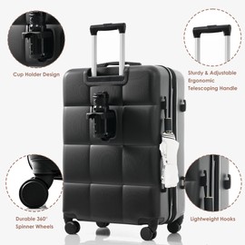 Merax Front-Opening Sets with TSA Lock ABS Hardshell Luggage with Cup Holder, Solid Black, 20/24/28 Inch