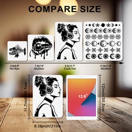 MAYJOYDIY Young Lady Stencil 11.7x8.3inch Reusable Headphones Music Stencils for Craft Modern Woman Painting Template with Paint Brush for Floor Wall Tile Fabric Furniture Decoration