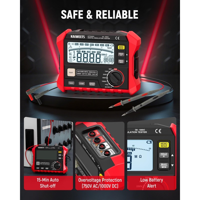 KAIWEETS HT5203 Megohmmeter, Insulation Resistance Tester, Up to 100GΩ, 50V/100V/250V/500V/1000V,