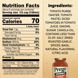Prego Chunky Tomato, Basil and Garlic Pasta Sauce, 23.75 oz Jar