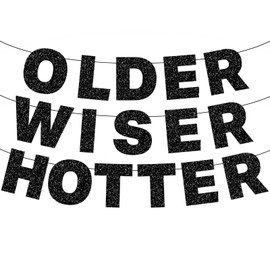 Black Glitter OLDER WISER HOTTER Banner Birthday Decorations, Pre-Strung Cardboard Letter Garland for Adult Birthday, Retirement Party Supplies, Funny 30th 40th 50th 60th 70th 80th Milestone Decor
