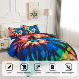 Koniroom Tie Dye Comforter Twin Size, Twin Bedding Sets for Teen Boys Girls Women with Hippie Psychedelic Black Blue Purple Themed Printing, Reversible Comforter 2 Pieces with 1 Pillow Shams