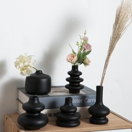 Tenforie Black Ceramic Bud Vase, Small Vase Set of 5, Mini Vases in Bulk for Flower, Decorative Vase for Home Decor, Boho Vases for Wedding Decorations Living Room Dining Table Shelves Decor