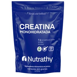 Nutrathy Creatina Monohidrata 800g. Completamente Pura, Sugar Free, Gluten Free, 5g de Creatina por porción, 160 días de Consumo, Scoop Incluído, Bottle Free.