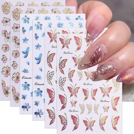 6 Sheets Butterfly Nail Art Sticker 3D Self-Adhesive Pink Gold Butterfly Flower Nail Stickers Blue Floral Design Nail Supplies Gold Edge Flowers Stickers for Spring Summer DIY Nails Art Decorations