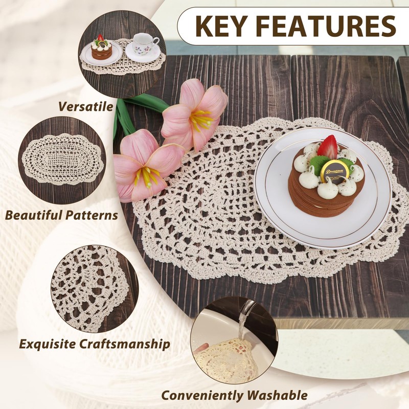 kilofly Crochet Cotton Lace Placemats Doilies 4pc, Oval, Beige, 7.8