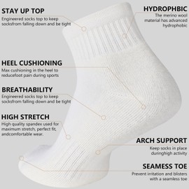 RTZAT Merino Wool Ankle Socks for Men and Women - Moisture-Wicking, Breathable, Arch Support, Padded Workout Hiking Socks for Year-Round Wear, Large, White/Black/Grey, 3 Paris