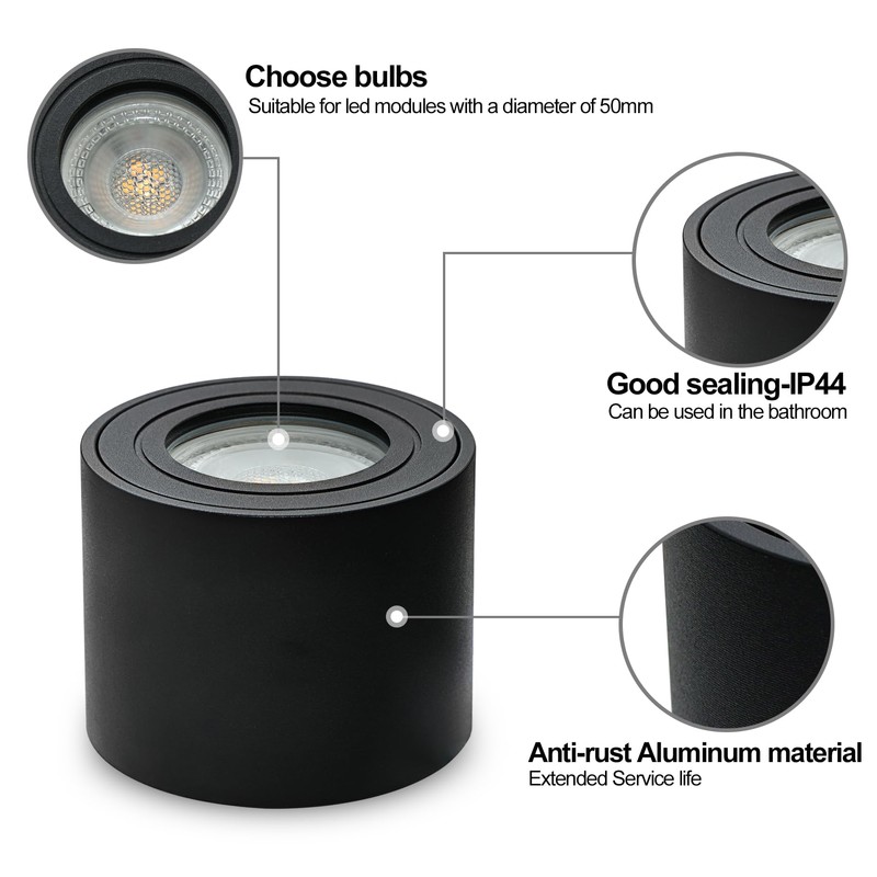 KYOTECH LED Surface-Mounted Spotlight, IP44, Black, Surface-Mounted Ceiling Light, Diameter