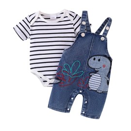 ODIMAME Baby Boy Clothes 3-6 Months Infant Short Sleeve Striped Romper Summer Outfits + Cartoon Dinosaur Jeans Adjustable Suspender Overalls Blue 3-6 Months