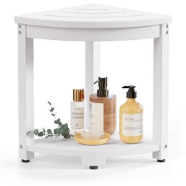 Waterproof Corner Shower Stool for Inside Shower, Poly Lumber Shower Bench Seat Chair, Bath Shower Stool for Shaving Legs Foot Rest with Storage Shelf, Adjustable & Non-Slip Feet, White