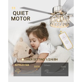 AUTELO Ceiling Fans with Lights - 52 Inch Ceiling Fans with Lights and Remote Control, Modern Crystal Ceiling Fan with 5 Reversible Blades in Nickel and Wooden Grey Finish for Living Room, F9327 ST