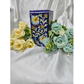 Tradition Treasure Square Vase, Paintbrush Holder, 4"x6.5" Ceramic Kitchen Utensil Holder for Counter top, Embossed Cooking Utensil Organizer for Spatula & Spoon, Kitchen Décor (Floralia Azure)