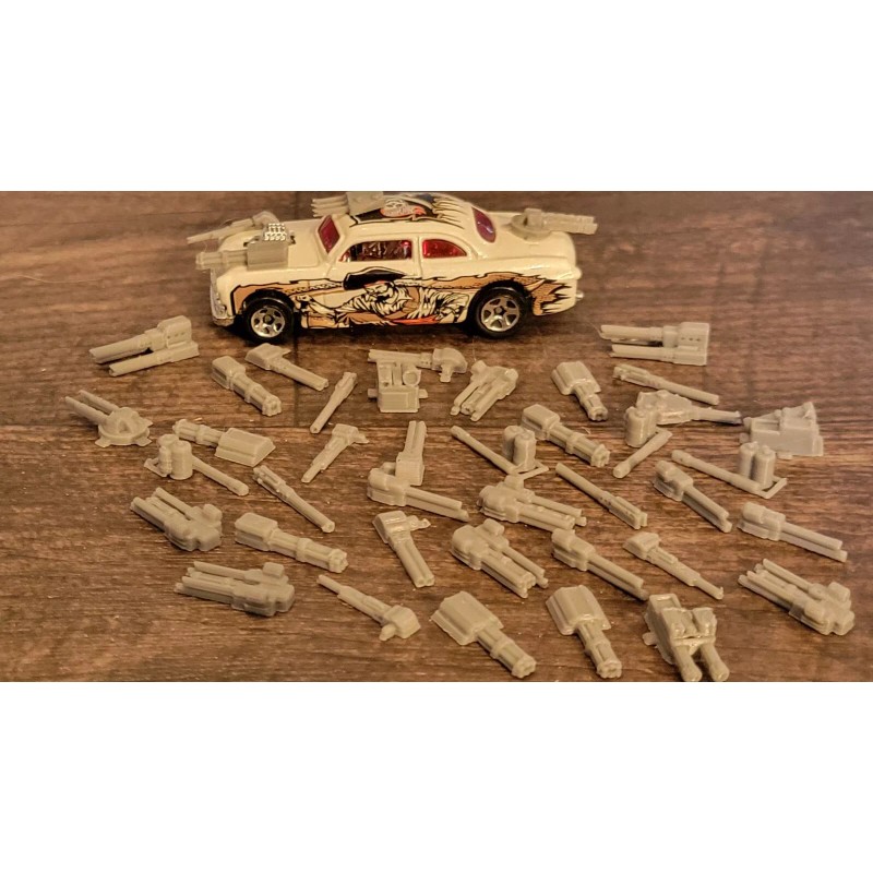 Gaslands Tiny Weapons Pack 40 items Silver 3d printed. 19
