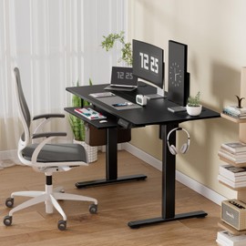 CROWNFURN Electric Standing Desk with Keyboard Tray, Adjustable Height Stand Up Desk for Home Office, 48x24 Inches Sit Stand Desk Computer Workstation, Black Frame & Desktop