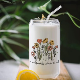 BEHIFL a Sweet Friendship Refreshes the Soul Glass Cup with Lids and Straws 14oz, Best Friend Bestie Gifts for Women, Friendship Glass Iced Coffee Tumbler Drinking Jars with Cleaning Brush