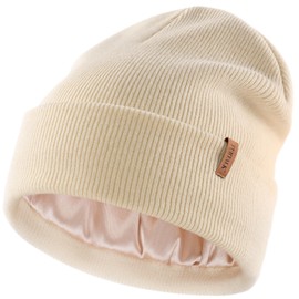 FURTALK Satin Lined Beanie for Women Men Knit Beanie Hat Acrylic Winter Hats Warm Slouchy Skull Cap Beige