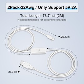5V USB Type C Switch Extension Cable, 2Pcs 6.6FT USB A to Type C Male Power USB Charging Cord Adapter Connector with On Off Switch Cable for Lamp/5V Fan, LED Strip Lighting (White)