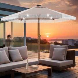 GDY 7.5ft Tassel Patio Umbrella Outdoor Table Umbrella with 18 LED Lights,Market Umbrella with 6 Sturdy Ribs, with Push Button Tilt and Crank, Camel