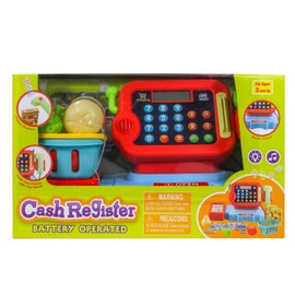 Kidplokio Red Touch Pad Cash Register for Kids with Play Food Microphone, Boys Ages 3+