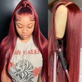 99J Burgundy Lace Frontal Wig Human Hair Straight Pre Plucked with Baby Hair for Black Women, 99J Burgundy Straight 13x4 Lace Front Human Hair Wig Brazilian Remy Hair Wine Red Colored 150% Density ELENINE (99j 13x4 Lace Front Wig Straight, 22 inches)