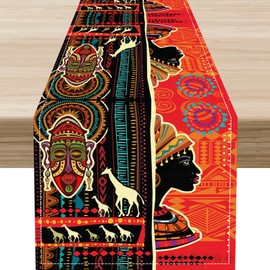 Traditional African Table Runner, African Women Drum Native Abstract Geometric Rustic Tribal Pattern Ethnic Style Table Setting Decor for Kitchen Dining Patio Holiday Party Indoor Outdoor 13x72
