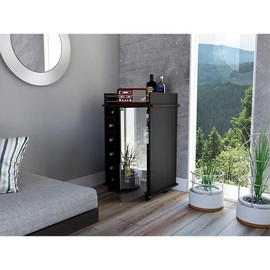 TUHOME Dukat Bar Storage Display Cabinet Cart with Wheels for Wine and Liquor with Glass Door, 2 Shelves, and 6 Cubbies in Black