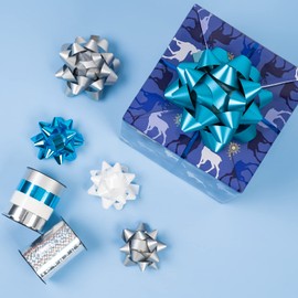 RUSPEPA 16 Pcs Gift Bows Assortment - 14 Multi-Colored Assorted Size Gift Bows (Turquoise, Silver, White) and 2 Crimped Curling Ribbons, Perfect for Christmas, Holiday, Party