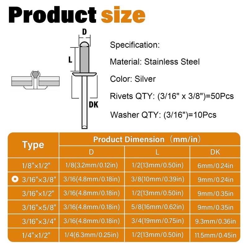 JTAREA 60pcs 3/16" x 3/8" Stainless Steel Pop Rivets with