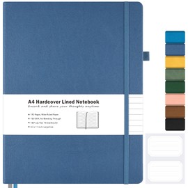 Lined Journal Notebook, 8.5" x 11" Hardcover Leather Notebook for Work, Wide Ruled Notebook Journal for Women Men, 192 Thick Paper, Lay Flat, 2 Pockets, A4 Large Journals for Writing, Blue Notebook