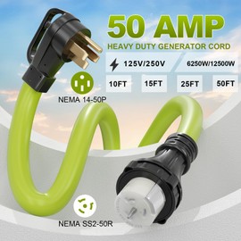50 Amp Generator Cord, 25 Feet 50A RV Extension Cord with Twist Locking NEMA 14-50P to SS2-50R Heavy Duty STW 6/3+8/1 AWG Gauge Power Cable Wire for RV Camper & House, ETL Listed