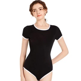 Landofgenie Women's Short Sleeve Bodysuit Onesie Pyjamas for Women One Piece Rompers Botton Crotch Top, black