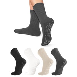 ZANZER Pilates Yoga Socks with Grips for Women,Non-Slip Yoga Crew Socks for Sport,Hospital,Ballet,Barre,Dance,Barefoot,Workout Anti-Skid Athletic Socks (Standard, Black + White + Dark gray + Beige)