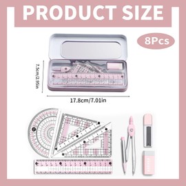 8PCS Maths Set Geometry Set for Secondary School Protractor and Compass Set School Stationery Supplies with Metal Box Prevent Myopia Clear Dual Color Kids Drawing School Mathematic (Pink)