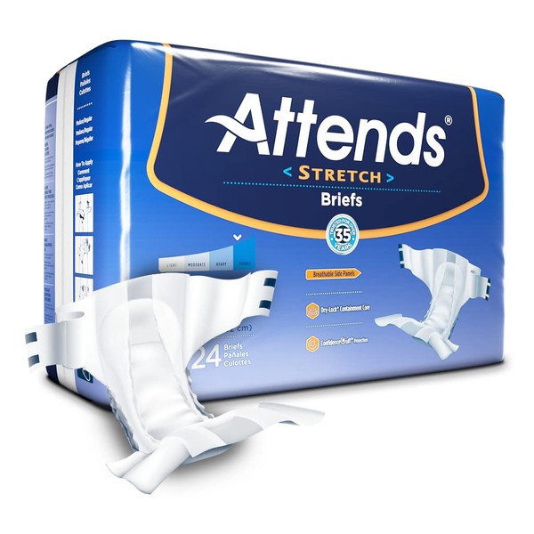 Attends Stretch Briefs with tabs for Adult Incontinence Care with Dry-Lock Containment Core and ConfidenceCuff™ Protection Ultimate Absorbency Unisex Medium/Regular 24-Count (x4)