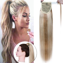 SEGO Ponytail Extension Human Hair Pony Tails Hair Extensions Wrap Around Ponytail Hair Extensions 100% Real Remy Hair With Magic Paste Long Straight #18P613 Ash Blonde&Bleach Blonde 95g 20 Inch